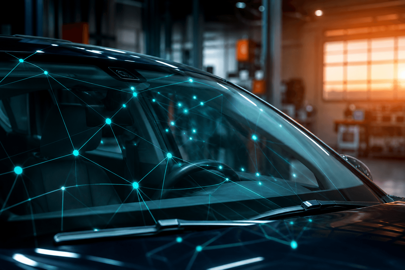 Лобовое в мастерской с бирюзовой сетью данных — метафора autoglass-софта и API-интеграции