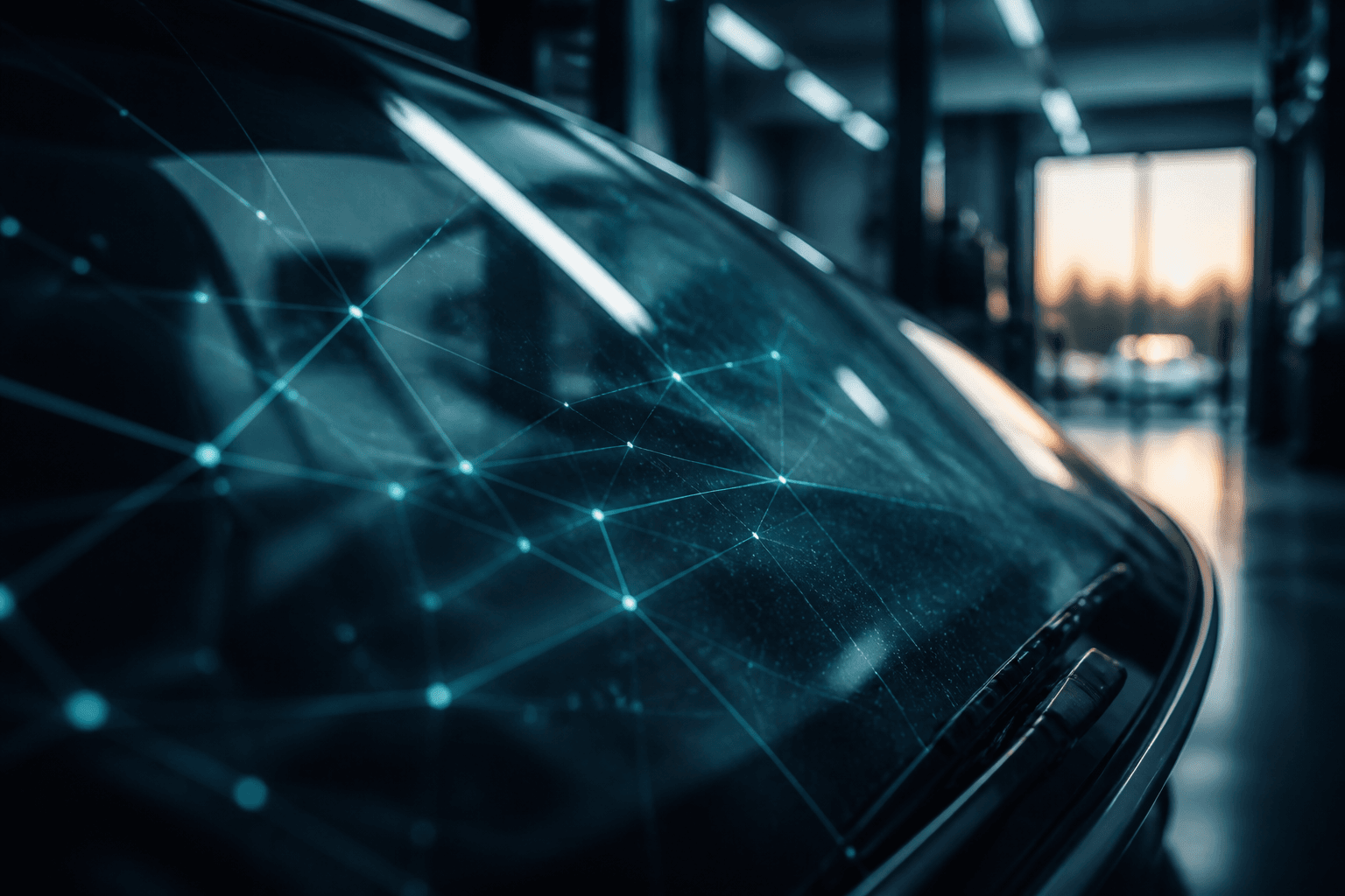 Abstract teal-lit view of automotive glass with soft network light lines suggesting API connectivity