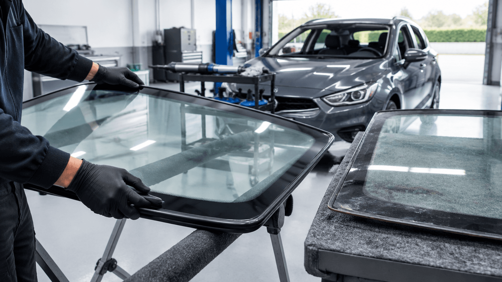 Technician comparing the moulded edge of a new encapsulated windscreen with the old screen in a UK glass workshop
