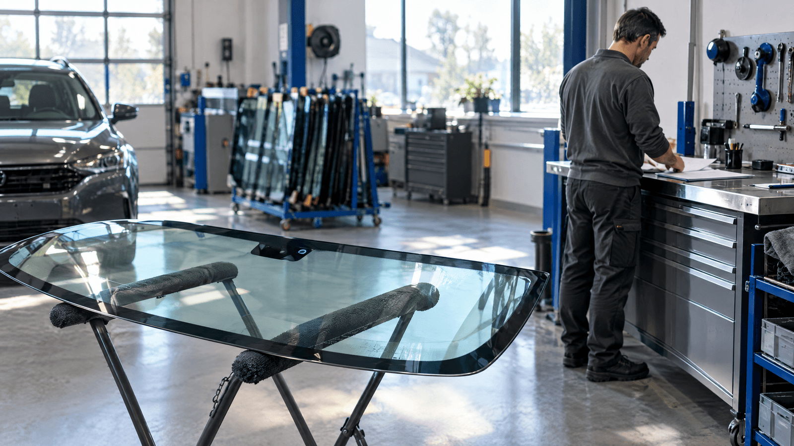 European glass shop bay with windshield on a stand and technician at parts desk, soft daylight, no readable text or logos.