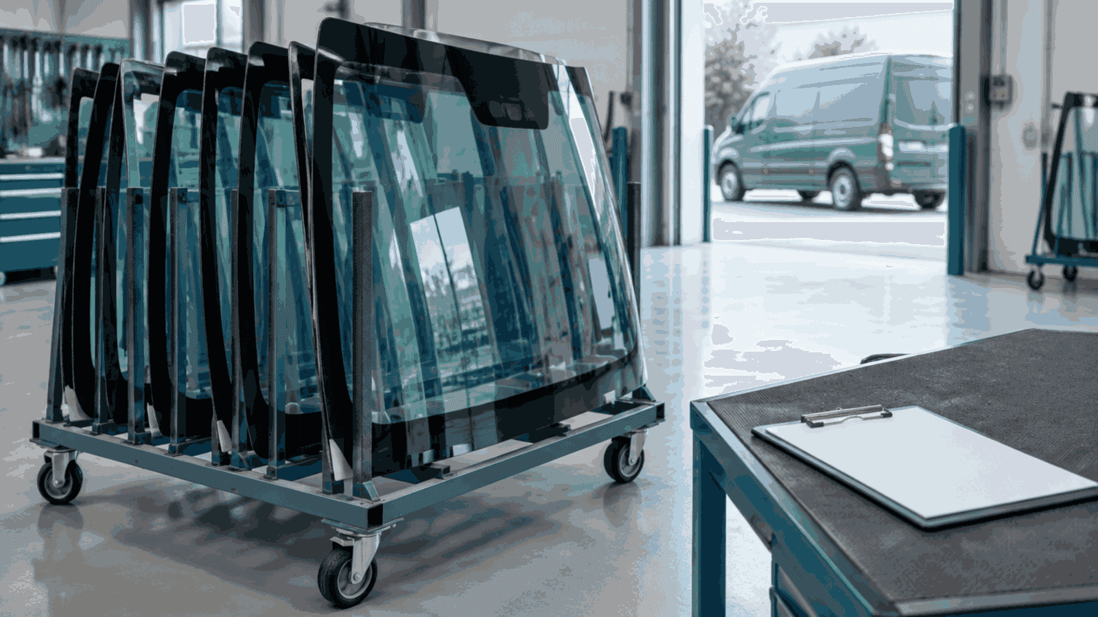 UK glass shop windscreen rack with a blank job clipboard and bay door hinting at fleet vans, no readable text