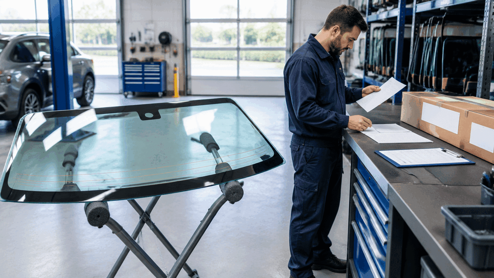 UK glass shop bay with a laminated windscreen on a stand and technician checking parts paperwork at the desk
