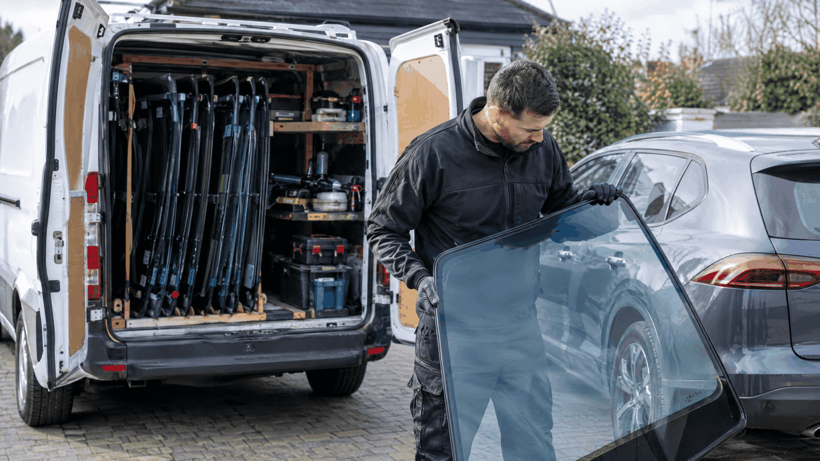 Mobile windscreen fitter van with racked laminated glass beside a hatchback on a driveway, no text