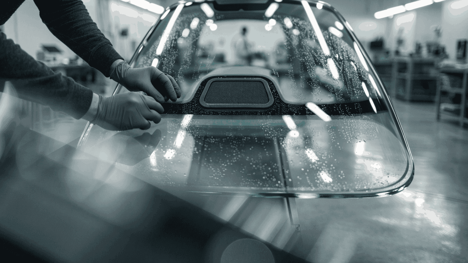 UK auto glass workshop with a laminated windscreen on a fitting stand, rain-sensor mounting area visible, no readable text