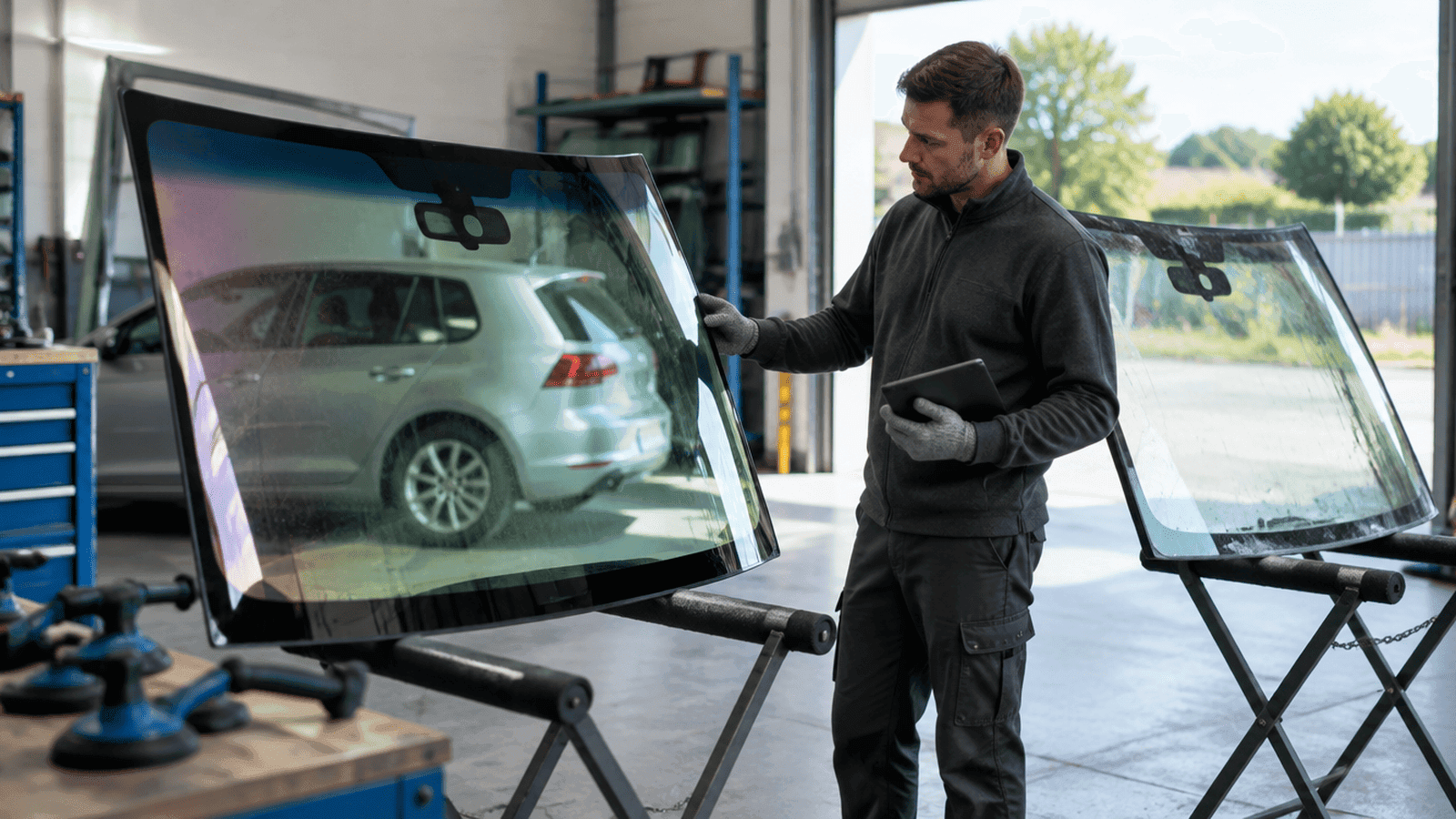 Fitter comparing a new solar control windscreen with a blue shade band to the old screen in a UK glass workshop