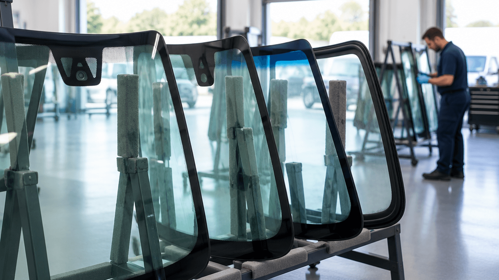 Several new windscreens with different camera, sensor, tint and edge options standing on a glass rack in a UK fitting workshop