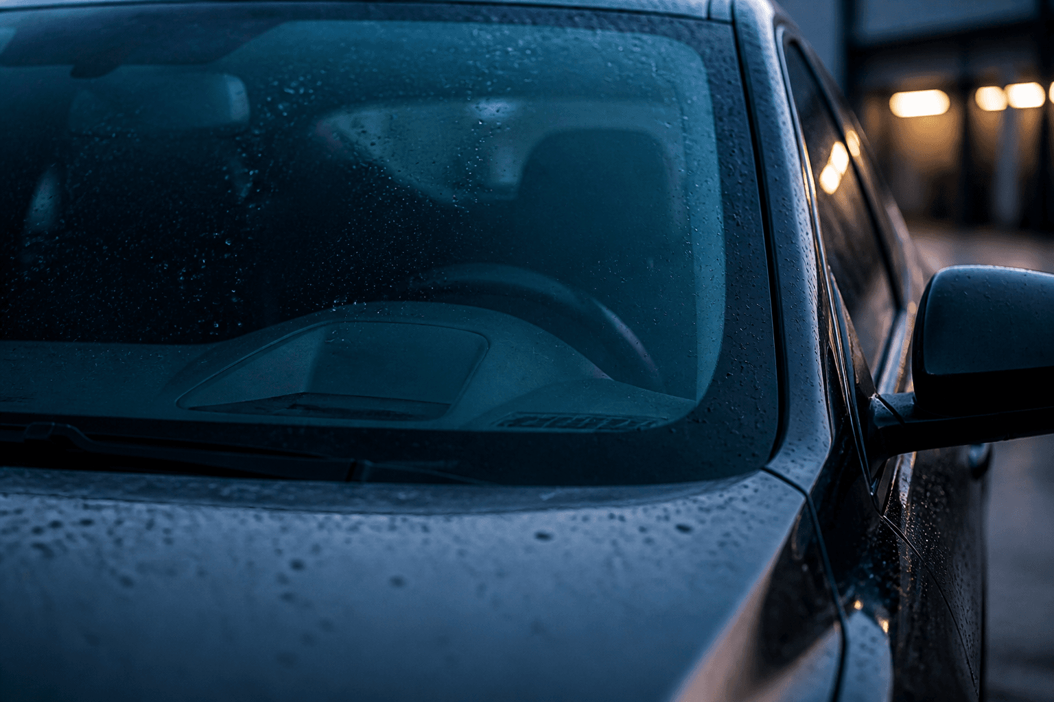Close-up of a misted car windshield at dusk, symbolising precise automotive glass identification