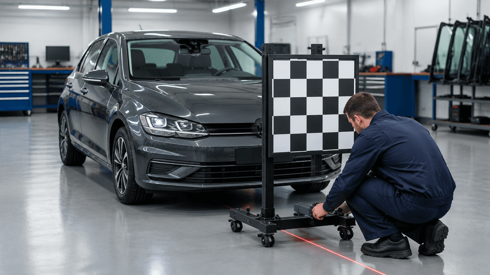 Technician setting up an ADAS camera calibration target in front of a car with a new windscreen in a UK glass workshop