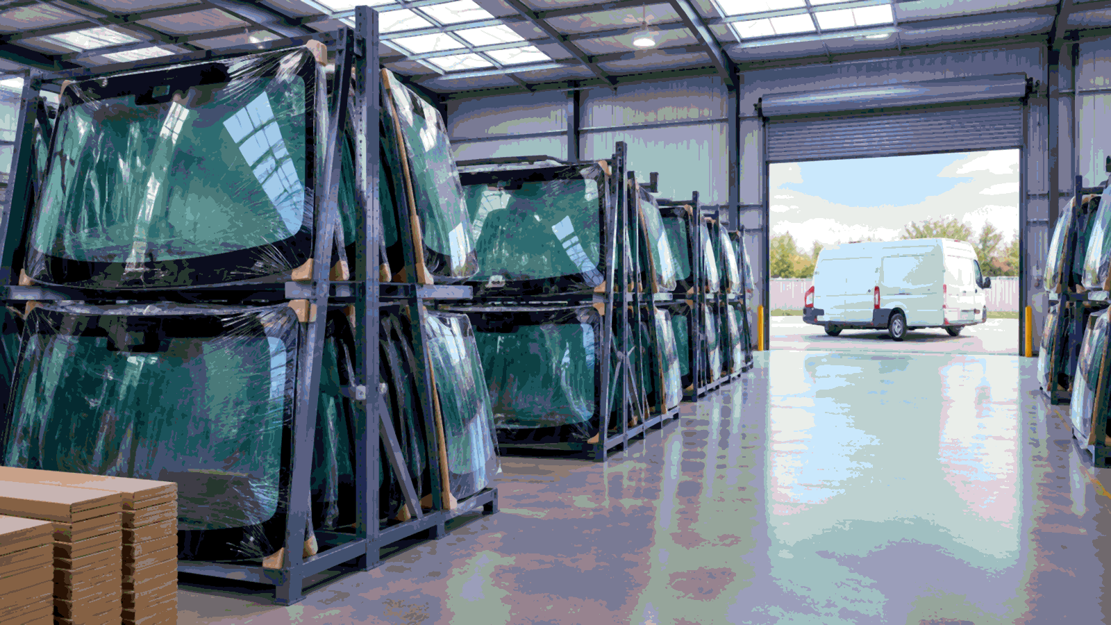 UK windscreen supplier warehouse with racked laminated windscreens and a van at the loading bay, no text